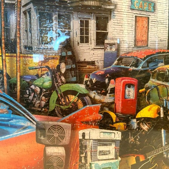 Framed Puzzle Picture Old Nostalgic Cars Motorcycles Trucks Dogs Bel Aire Motel - Picture 5 of 8